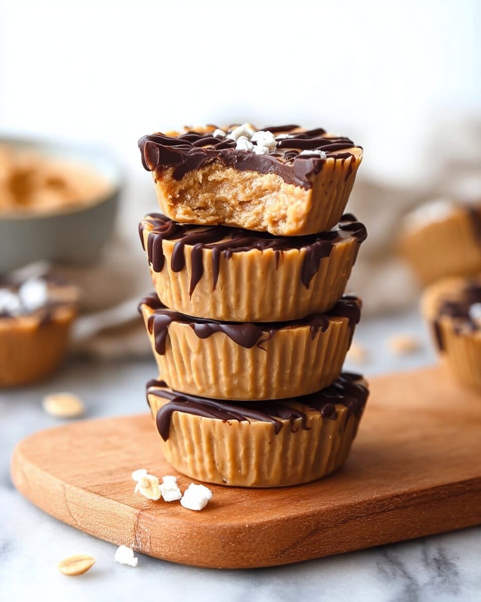 A stack of five peanut butter cups is shown on a white marbled surface with a wooden board underneath. Each peanut butter cup has two layers: a thick, light brown peanut butter base with a smooth yet slightly textured surface, and a dark chocolate drizzle on top that forms uneven, glossy stripes across each cup. The cups have a ridged edge that gives them a fluted appearance. Around the stack, there are scattered puffed rice pieces and small glass bowls holding creamy peanut butter and dark chocolate sauce. The background is softly blurred with a white marbled texture. photo taken with an iphone --ar 4:5 --v 7