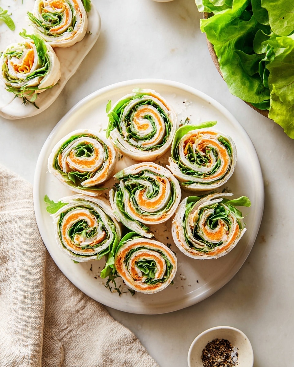The image shows multiple tortilla roll-ups placed close together, each with four main layers. The outer layer is a light beige tortilla wrap, soft and slightly toasted. Inside, there is a layer of light orange cheese, smooth and thinly sliced, followed by a bright green leafy lettuce with a fresh and crisp texture. The innermost layer consists of finely sliced light beige turkey or chicken meat with subtle grill marks. All the rolls are arranged directly on a white marbled surface, with their spiral shapes clearly visible. photo taken with an iphone --ar 4:5 --v 7