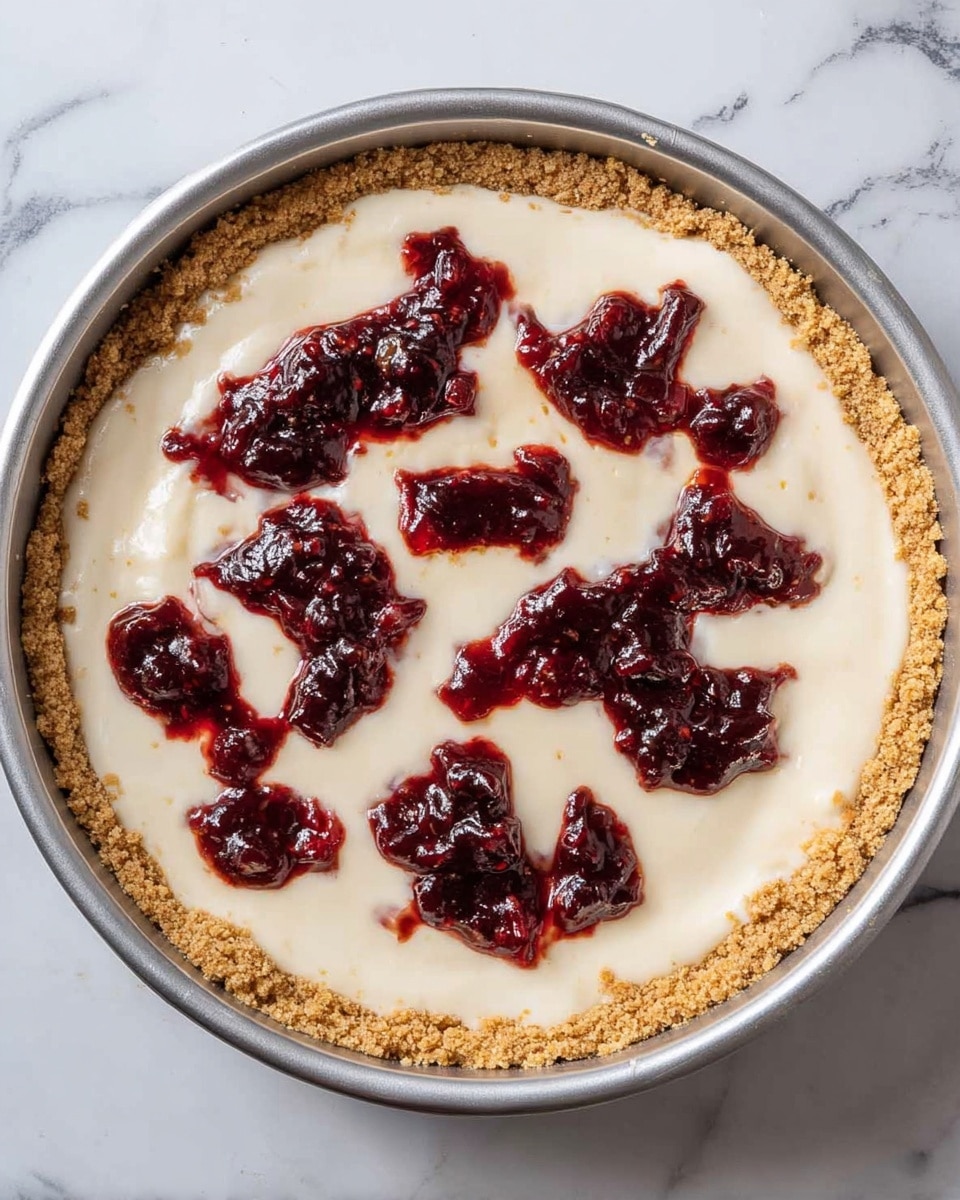 A round cheesecake with a smooth cream layer on top is decorated with dark red and purple swirls forming leaf shapes. The cheesecake is cut into slices, with one slice being lifted by a metal spatula, showing its thin light brown crust layer. The cake sits on a white marbled textured surface, and nearby there is a small white bowl filled with fresh cranberries. photo taken with an iphone --ar 4:5 --v 7