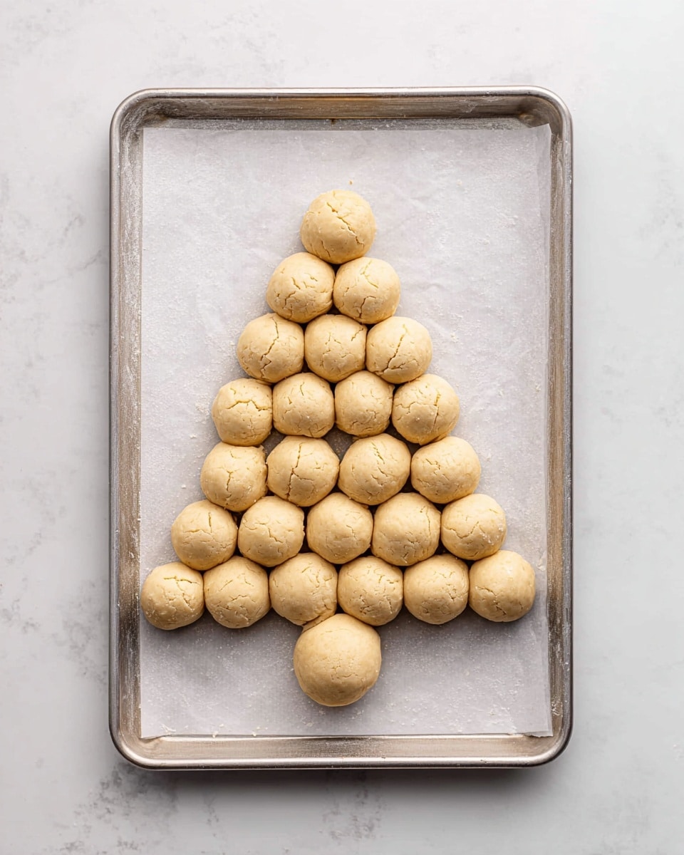 A white wooden board holds a Christmas tree-shaped pull-apart bread made of small round golden-brown dinner rolls with a soft texture, sprinkled with green parsley flakes and white grated cheese. To the top right of the bread is a small white bowl filled with vibrant red marinara sauce, smooth and thick. The background features a white marbled texture. The overall scene is brightly lit and clean. photo taken with an iphone --ar 4:5 --v 7
