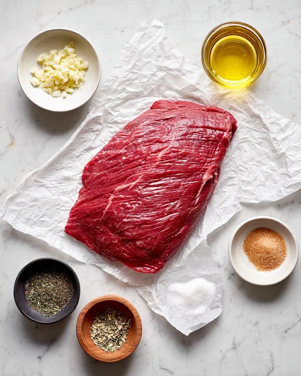A large piece of raw red meat lies flat on crinkled white paper in the center of a white marbled surface, showing a smooth but slightly fibrous texture with subtle fat lines. Surrounding it are five small white bowls and one wooden bowl arranged neatly: minced garlic in the top left white bowl, coarse black pepper in the wooden bowl below it, white salt in a small black bowl next, light brown sugar in the white bowl to the right, a glass cup with golden liquid above it, and a small white cup to the top right holding light yellow oil. The scene is bright and clean, with soft, natural lighting. photo taken with an iphone --ar 4:5 --v 7