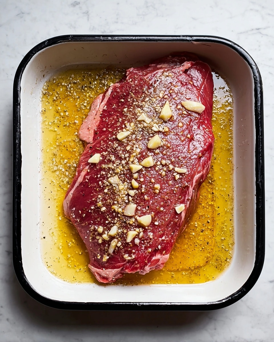 A large piece of raw red meat lies flat in a white enamel baking dish with a black trimmed edge. The meat is covered with small pieces of chopped garlic and sprinkled with coarse black pepper. The dish holds a layer of yellowish marinade with oil and seasoning, partially soaking the meat. The background shows a white marbled surface, giving a clean and bright contrast to the rich red meat and golden oil. photo taken with an iphone --ar 4:5 --v 7