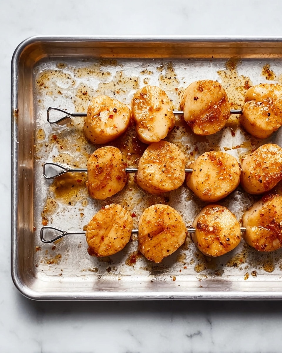 The image shows a metal tray with five skewers laid across it, each skewer holding several round, light brown scallops that are seasoned with pepper and spices. The scallops have a slightly shiny surface from the oil or marinade and appear soft and cooked with some small cracks visible. The metal tray has some spots of oil and seasoning around the scallops. The tray is placed on a white marbled surface. photo taken with an iphone --ar 4:5 --v 7