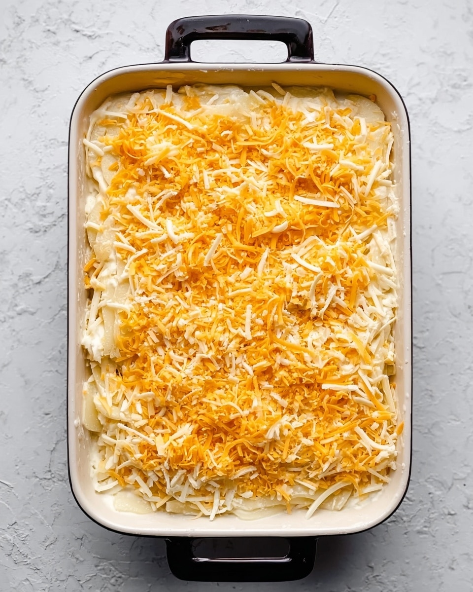 A white rectangular dish with black handles on each side is filled with a layered casserole. The bottom layer is thin white strips that look like potatoes, spread evenly across the dish. Above that is a creamy white layer that looks smooth and soft, covering the potatoes. On top, there is a mix of shredded orange cheese and white cheese scattered unevenly over the creamy layer. The dish is placed on a white marbled surface, giving a clean background. photo taken with an iphone --ar 4:5 --v 7