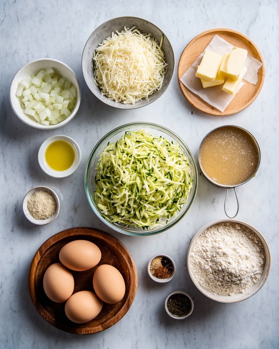 The image shows 10 bowls and a wooden plate with cooking ingredients placed on a white marbled surface. Starting from the left, there is a small white bowl with chopped white onion, below it is a clear glass bowl full of shredded green zucchini. Above the zucchini bowl is a gray bowl with shredded white cheese. To the right of the zucchini bowl, there is a small white bowl with grated white cheese, and above it is a small wooden plate with two pieces of pale yellow butter. Next to the butter is a small white bowl with yellow olive oil and a small white bowl with light brown mustard sauce. To the right is a metal cup full of light brown flour, below and slightly to the left of the cup is a small white plate with a variety of spices in brown, black, and white colors. Below these bowls, a wooden plate holds four brown eggs. The setup is neat, ingredients are separated, and the colors vary from green, brown, white, to yellow. photo taken with an iphone --ar 4:5 --v 7