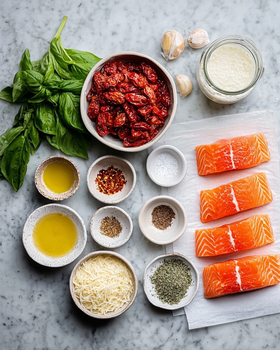 The image shows several small white dishes and bowls with different ingredients arranged neatly on a white marbled surface. On the right side, there are four pieces of fresh orange salmon with white lines placed on white paper. Around the salmon, there are small dishes containing coarse salt, ground black pepper, red chili flakes, minced garlic, mustard, dried herbs, broth or vinegar, a yellow liquid likely olive oil, and some brown powder spices. On the left side, there is a bunch of fresh green basil leaves and a glass jar filled with a white creamy sauce. In the middle, there is a bowl filled with bright red sun-dried tomatoes and a bowl with shredded white cheese. The photo has a clean and organized look, photo taken with an iphone --ar 4:5 --v 7