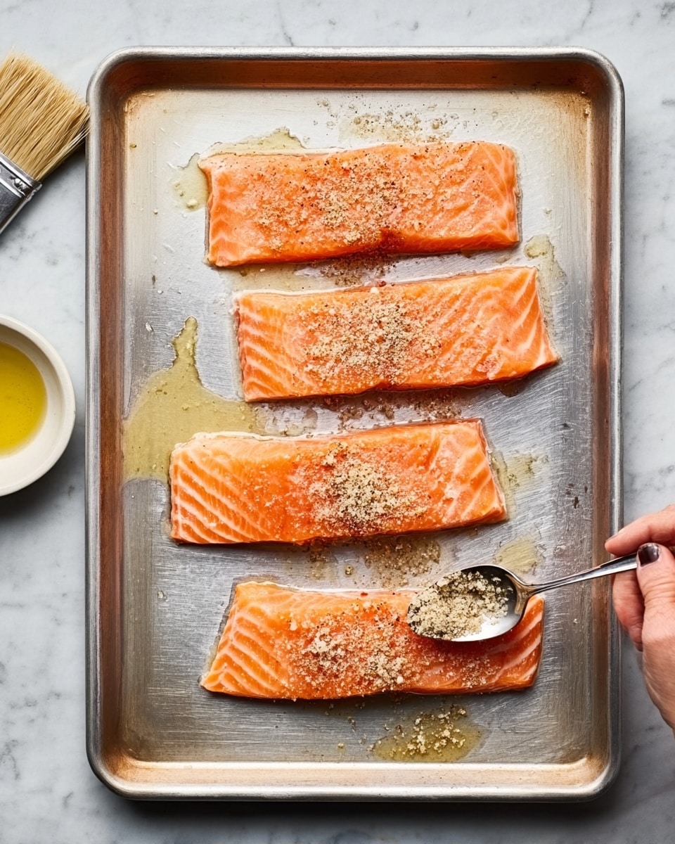 A metal baking sheet holds four pieces of raw salmon fillets spread evenly in one row, each fillet having a light orange color with faint white lines of fat. A spoon held by a woman's hand sprinkles a coarse, crumb-like seasoning over the fillet on the far left. The baking sheet is placed on a white marbled surface, with a dish brush and a small white bowl of oil positioned to the left side. The overall scene shows a clean and simple prep step for cooking salmon, with a light coating of oil visible on the tray. Photo taken with an iphone --ar 4:5 --v 7