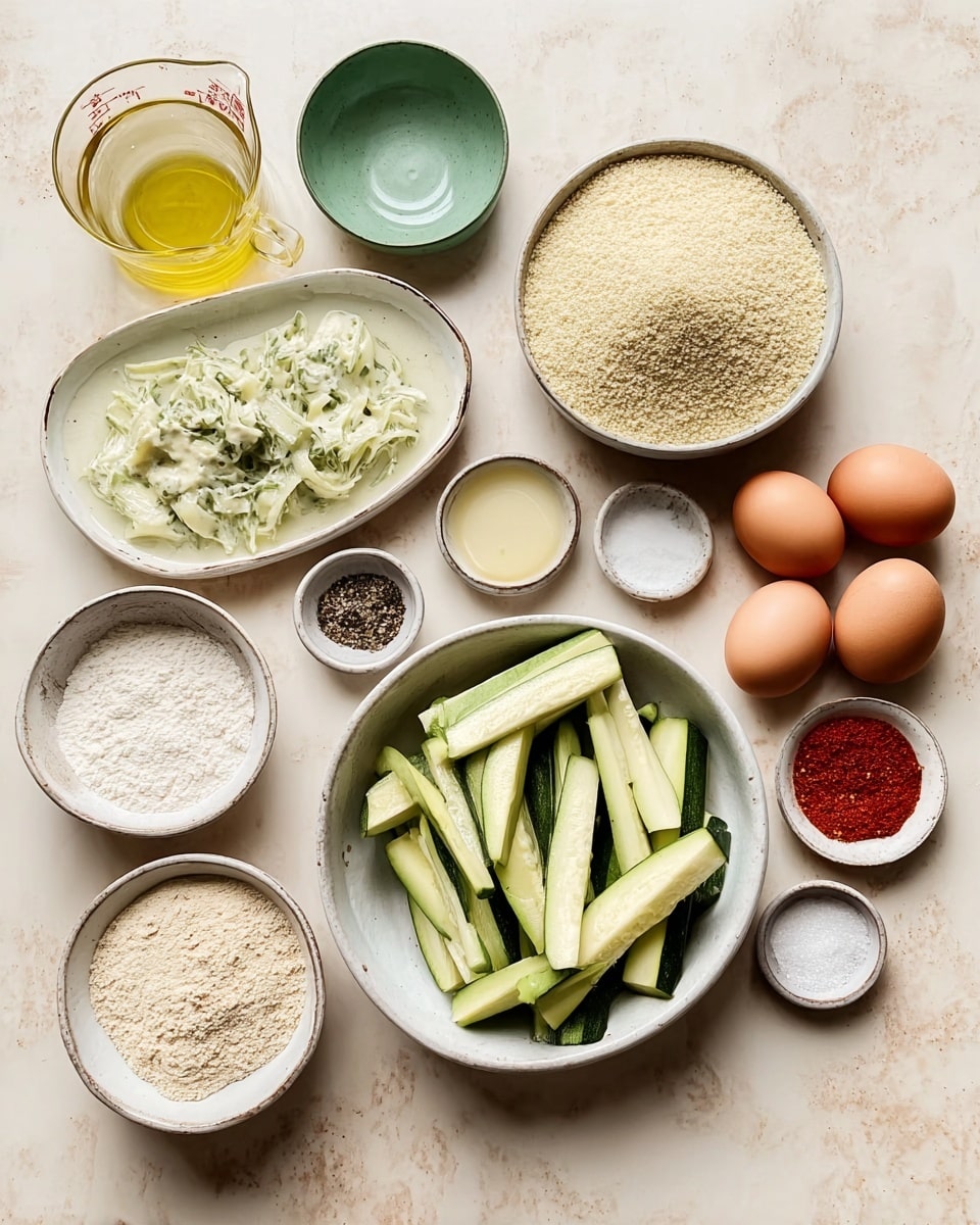 Top view of several small round dishes and a white bowl arranged on a white marbled surface. The white bowl at center right holds green zucchini sticks cut into thick strips. Around it are 10 small dishes: to the top center, a white dish with creamy white sauce with green herb pieces; to the bottom left, a glass measuring cup filled with light yellow oil; above it, a green bowl with fine white flour; nearby, two small white plates with beige powders; to the far right, a large white bowl filled with light beige breadcrumbs; on the top right, two brown eggs beside three small bowls holding red spice, white salt, and black pepper, respectively. The overall colors are soft whites, greens, browns, and beiges. photo taken with an iphone --ar 4:5 --v 7