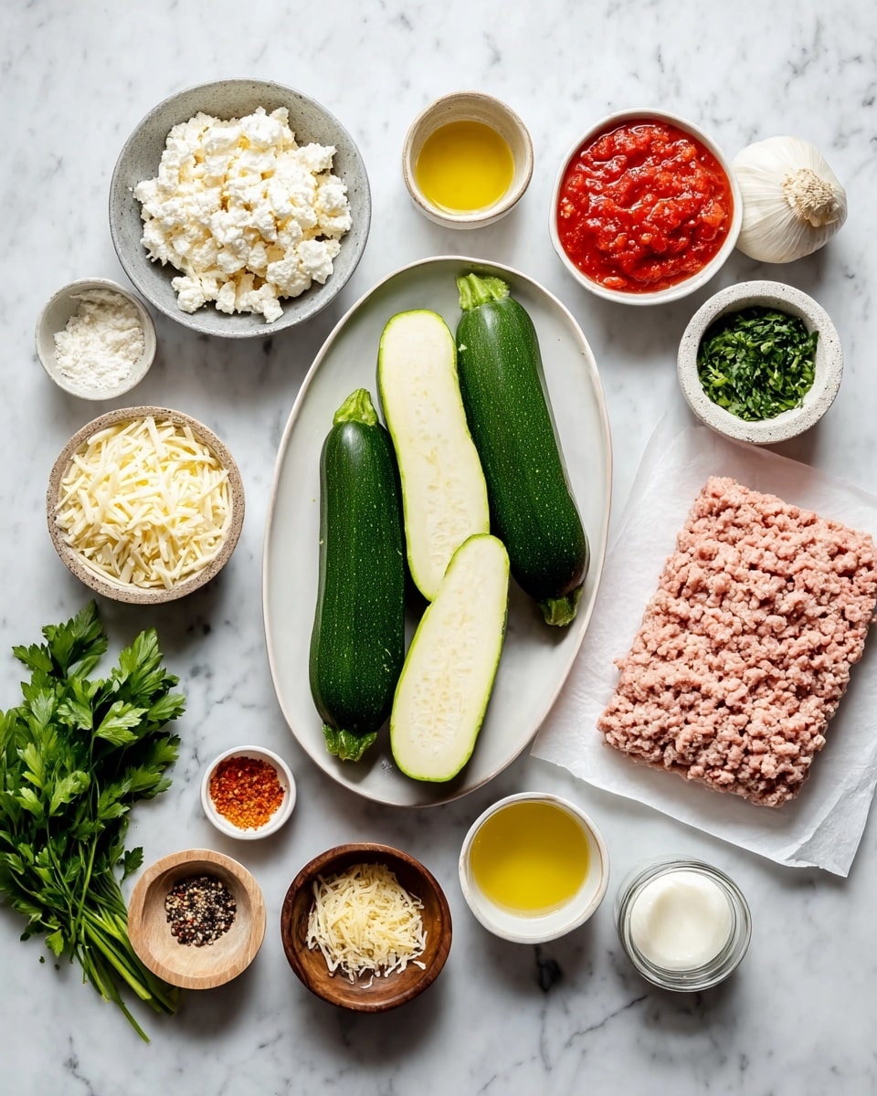 The image shows many cooking ingredients on a white marbled surface. In the center, there is a white oval plate with four zucchinis, two whole green zucchinis and two cut in half, revealing light green inside with soft texture. Around the plate, there are small bowls arranged with different colors and textures: a gray bowl with white cottage cheese, a white bowl with shredded mozzarella cheese, a white bowl with chopped green herbs, a round wooden bowl with black pepper, a stone bowl with salt, and a white bowl with a beaten egg. A small brown bowl holds a light orange powder, another small white bowl contains yellow olive oil, a tiny brass bowl has red chili flakes, and a shallow stone bowl has grated parmesan cheese. To the right side, there is a block of raw ground turkey on white parchment paper, next to a jar full of red tomato sauce, a bunch of fresh green parsley, and a small white bowl with diced red bell pepper. Photo taken with an iphone --ar 4:5 --v 7