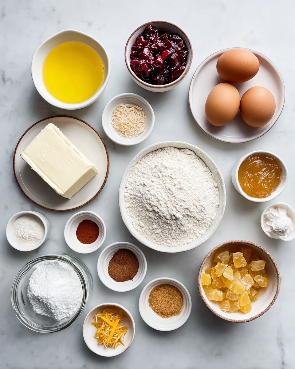 An arrangement of baking ingredients is spread out neatly on a white marbled surface. In the center, a white bowl is filled with white flour, and nearby is a smaller bowl with powdered sugar. Two brown eggs rest side by side above the flour. To the left, a white bowl with melted yellow butter sits next to a smaller bowl containing bright red dried cranberries. A block of cream cheese rests on a white plate on the far left tray. Small white bowls hold cinnamon, orange zest, and other spices in light brown, dark brown, and off-white shades. To the right, a white bowl contains light golden applesauce, and next to it is a bowl with yellow crystallized ginger. Clear liquid in a glass jar is on the bottom left. The setup is clean, simple, and bright. Photo taken with an iphone --ar 4:5 --v 7