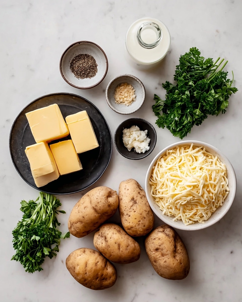 The image shows raw ingredients laid out on a white marbled surface. There are five brown potatoes with rough skin placed near the center. On the top left are small bowls with black pepper, ground nutmeg, salt, and chopped garlic in varying shades of black, brown, white, and pale yellow. On the bottom left, there is a dark plate with four blocks of yellow butter and a bunch of green parsley to the left of it. To the right side are a white bowl filled with shredded light yellow cheese and a small black bowl with finely grated white cheese. Behind the bowls is a glass bottle with a white liquid, possibly milk or cream. Everything is separated and arranged neatly in a flat lay style photo taken with an iphone --ar 4:5 --v 7