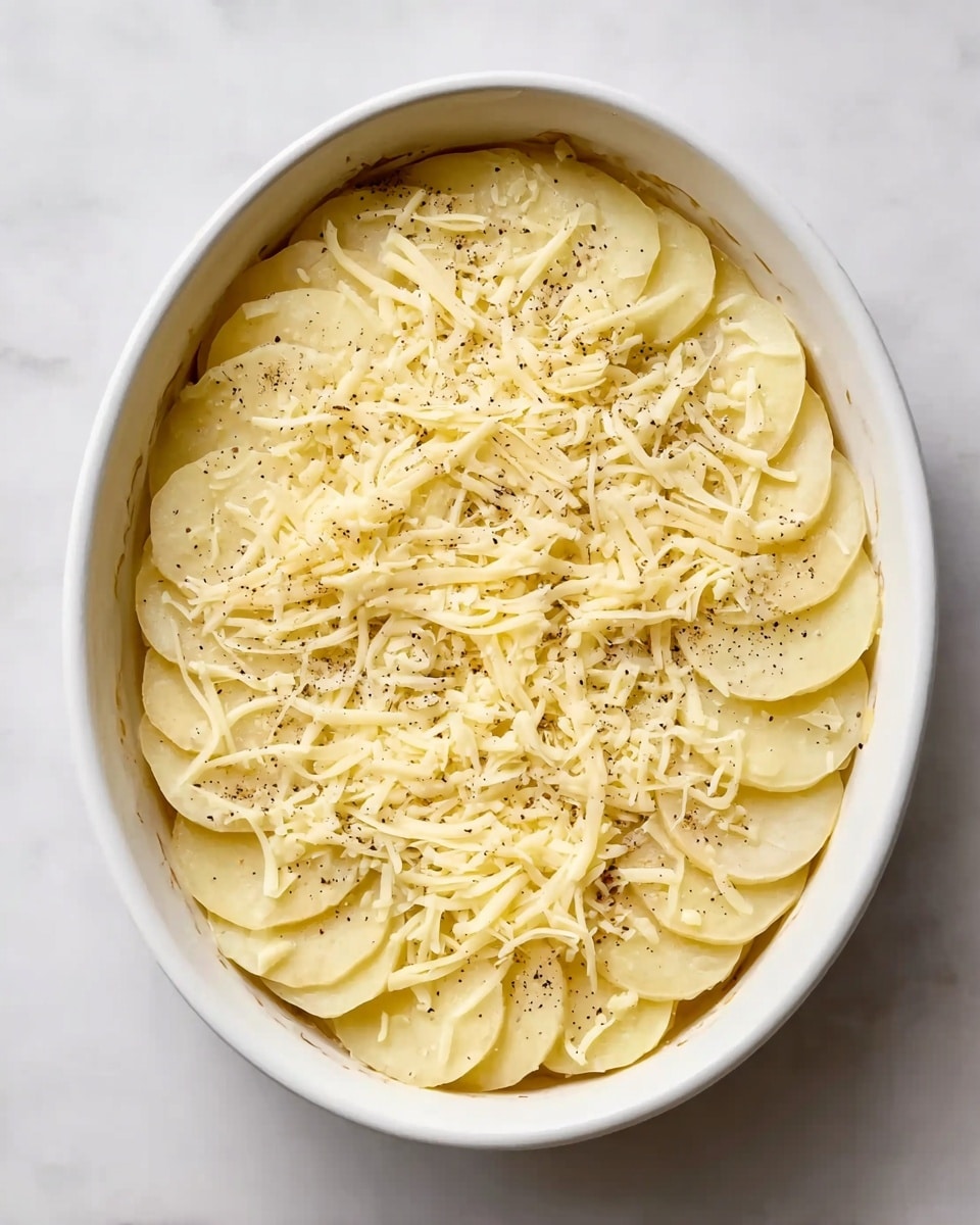 An oval white dish is filled with one visible layer of thin, round potato slices that overlap to cover the bottom. On top of the potato slices, there is a light, uneven layer of shredded pale yellow cheese scattered across the dish. Small specks of black pepper are lightly spread over the potato and cheese layers. The dish rests on a white marbled surface. photo taken with an iphone --ar 4:5 --v 7