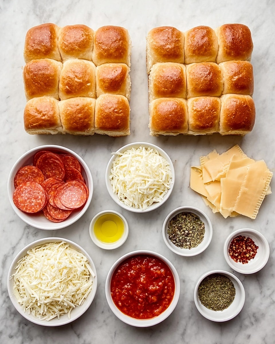 Two pieces of soft brown dinner rolls, each cut into 12 small squares, sit in the center on a white marbled surface. Around the rolls are small white bowls filled with various ingredients: bright red pizza sauce, shredded white cheese, round slices of red pepperoni, coarse white salt, yellow oil, crushed garlic, dried green herbs, crushed red pepper flakes, and peppercorns. The colors range from bright red and yellow to white and brown, all organized neatly. photo taken with an iphone --ar 4:5 --v 7