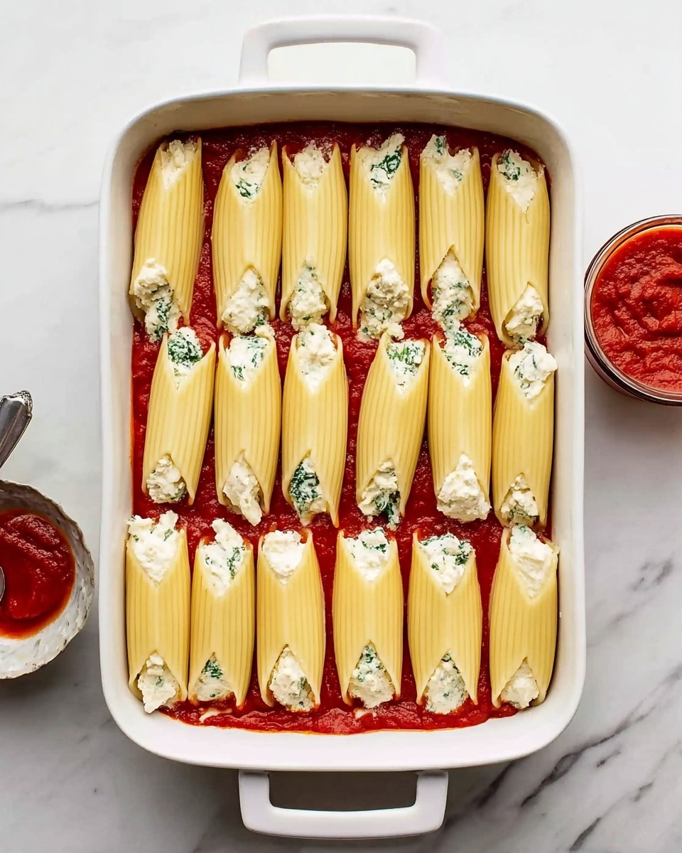 A white rectangular baking dish filled with a layer of red tomato sauce at the bottom, topped with rows of pale yellow manicotti pasta shells. Each shell is stuffed with white cheese mixed with small green spinach pieces, visible at the open ends of the shells. The dish is placed on a white marbled surface with a small cup of red sauce on the side. The pasta shells are arranged evenly in two rows with some shells placed vertically in the middle photo taken with an iphone --ar 4:5 --v 7