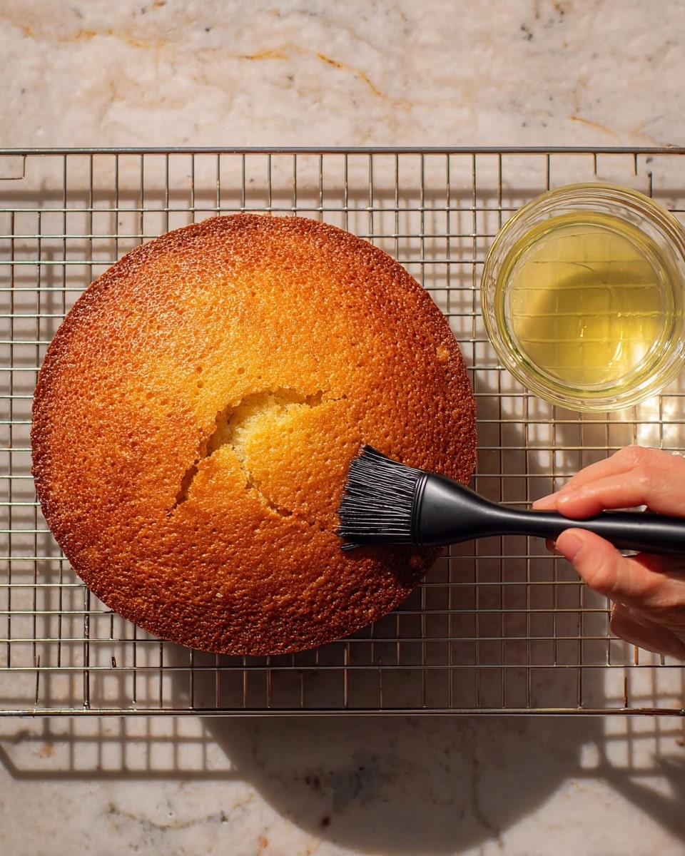 A single golden brown round cake sits on a metal cooling rack with a textured crust and a few small cracks near the center. A woman's hand holds a black pastry brush gently touching the cake’s surface to apply a shiny glaze. To the right of the cake, a clear glass bowl holds a light yellow liquid, both placed on a white marbled surface. The scene is lit with soft natural light creating gentle shadows. photo taken with an iphone --ar 4:5 --v 7