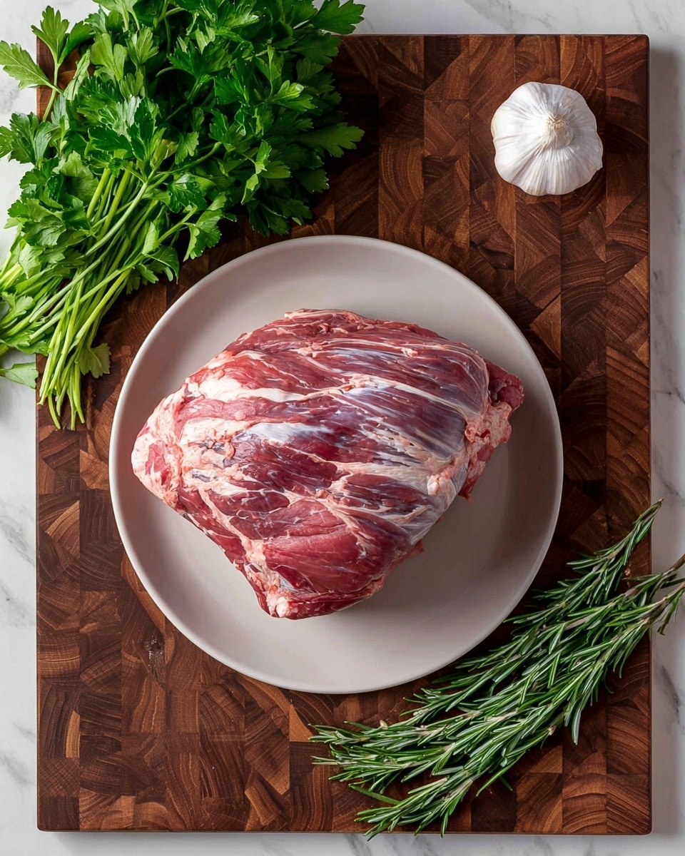 A large raw piece of meat wrapped in red netting rests centered on a white plate, showing different shades of red and white fat marbled throughout. Surrounding the plate are fresh green herbs: parsley with broad leaves at the lower left, and rosemary sprigs with needle-like dark green leaves at the middle right. Near the top right, a whole bulb of garlic with white papery skin sits on a dark wooden cutting board with a block pattern. The entire scene is set on a white marbled surface. Photo taken with an iphone --ar 4:5 --v 7