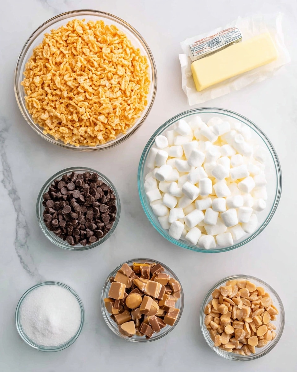 The image shows six clear glass bowls and a stick of butter on a white marbled surface. The largest bowl is filled with light orange crispy cereal, positioned at the top left. To the right of this is another large bowl filled with white mini marshmallows. Below, three smaller bowls are arranged: one on the left holds dark chocolate chips, the middle has chopped peanut butter cups, and the right contains light brown peanut butter chips. At the top right, a stick of butter wrapped in yellow paper and a small glass bowl with white granulated sugar complete the layout. The overall scene is clean and neatly arranged with a bright, soft light. Photo taken with an iphone --ar 4:5 --v 7