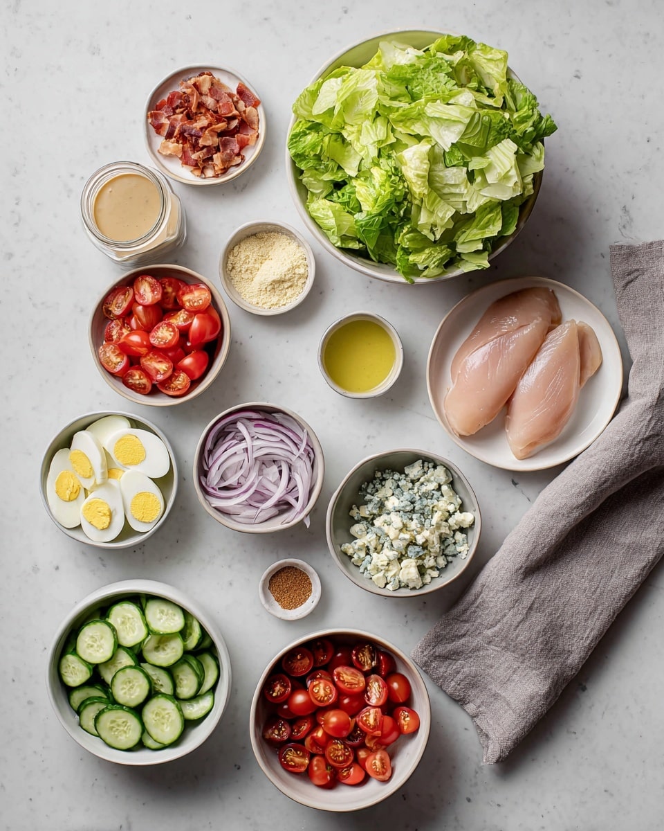 The image shows several white bowls and a jar arranged on a white marbled surface, each containing different salad ingredients. There is a large bowl of chopped green lettuce at the top right, a bowl with two raw light pink chicken pieces in the center, and a bowl of thin cucumber slices at the bottom left center. Around these are smaller bowls filled with halved bright red cherry tomatoes, quartered boiled eggs with white and yellow layers, chopped bacon pieces in dark pink and brown, thinly sliced pale purple shallots, crumbled blue cheese with white and blue-green specks, a small bowl of brown seasoning powder, and a tiny bowl with yellow olive oil. A jar of creamy light brown dressing is also included near the lettuce bowl. A gray linen napkin lies folded on the right side. Photo taken with an iphone --ar 4:5 --v 7
