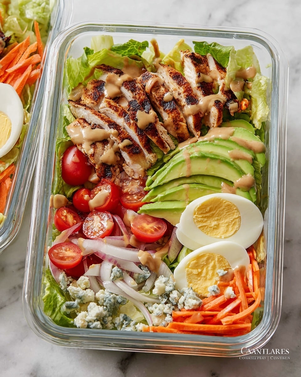 In a clear rectangular container on a white marbled surface, there is a colorful layered salad. The bottom layer is green lettuce, topped with grilled chicken slices with a brown char, placed in the center and covered with a light brown dressing. To the right of the chicken, there are thin avocado slices arranged in a fan shape, and next to them is a quartered boiled egg with a yellow yolk. Bright red cherry tomato halves and small white onion slices are scattered around, along with orange carrot shreds and crumbled blue cheese pieces, creating a mix of textures and colors. The overall look is fresh and vibrant. Photo taken with an iphone --ar 4:5 --v 7