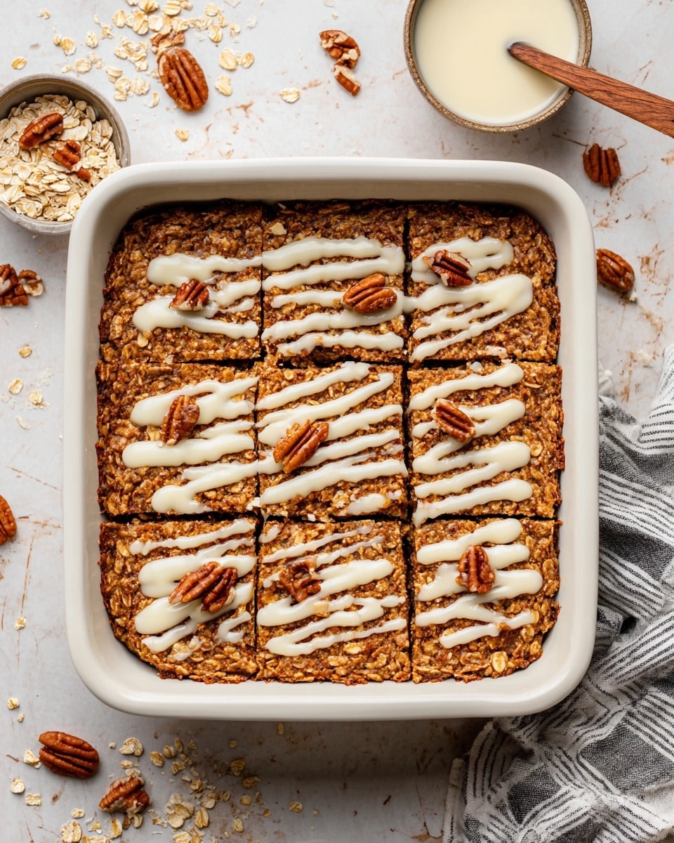 A white baking dish filled with a golden-brown oat bake, cut into nine square pieces. The oat bake has a rough texture with visible oats and small bits of pecan mixed throughout. On top, there is a drizzle of creamy white sauce spread thinly across the surface in uneven lines. Additional small pieces of pecan are scattered on top for garnish. The dish sits on a white marbled surface with scattered oats, whole pecans, and a bowl of extra creamy sauce nearby, along with a striped cloth on the side. Photo taken with an iphone --ar 4:5 --v 7