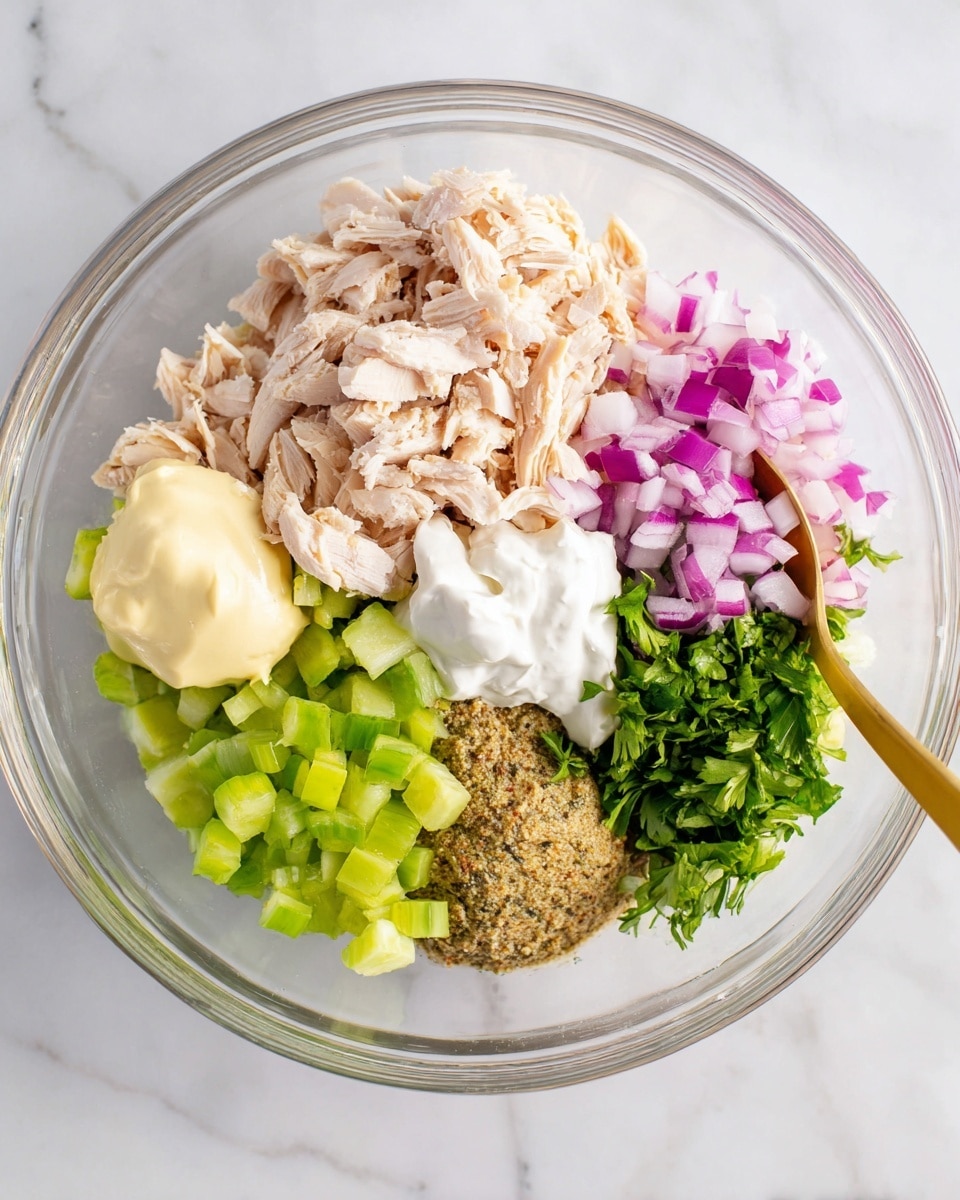 A clear glass bowl sits on a white marbled surface and contains seven different ingredients arranged separately in a circle. Starting from the top left going clockwise, there is shredded light beige cooked chicken, a dollop of pale yellow mayonnaise, a dollop of thick white yogurt or sour cream, small diced green pickles, finely chopped green parsley, small cubes of purple and white red onion, and bright green sliced celery. In the center, there are mounds of black pepper and a grainy mustard sauce. A gold spoon lies on the edge of the surface. Photo taken with an iphone --ar 4:5 --v 7