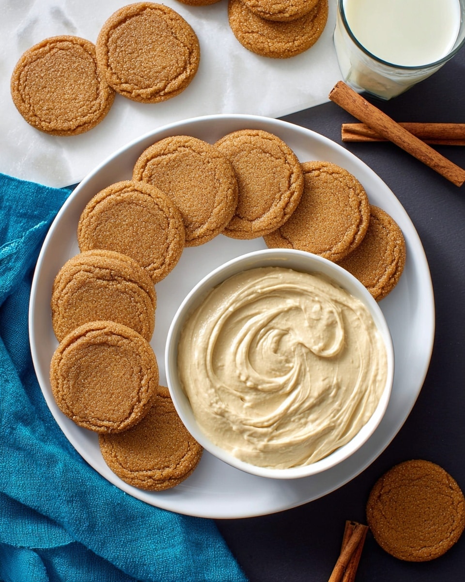 A woman's hand is holding a brown cookie dipped halfway into a bowl of creamy light beige dip with visible tiny specks, showing a smooth and thick texture. The bowl is white and filled with swirled creamy dip. Around the bowl, there is a white plate with many round brown cookies arranged closely together. The background surface is white with a marbled texture. A glass of milk is blurred in the background. Photo taken with an iphone --ar 4:5 --v 7