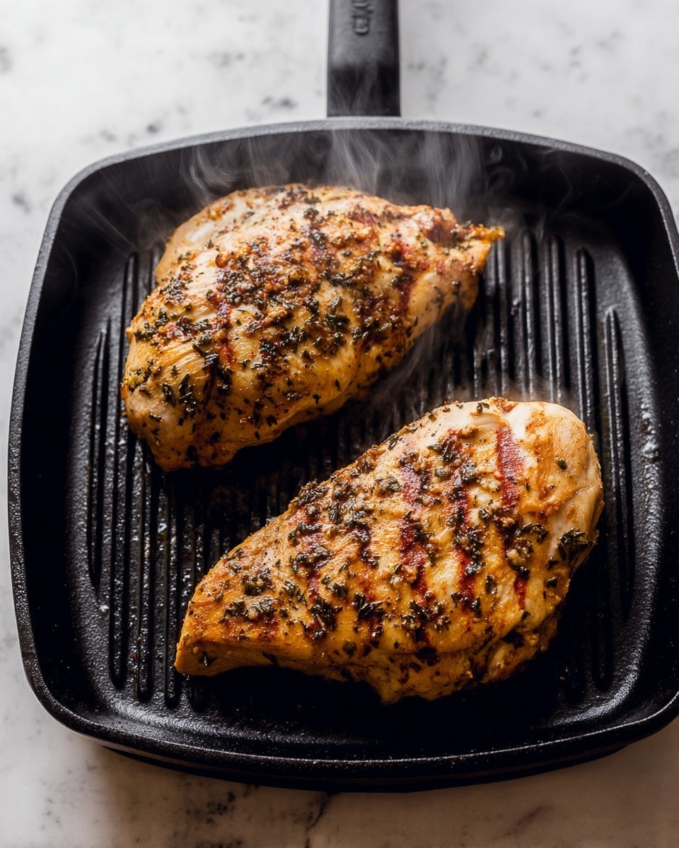 Two large pieces of seasoned cooked chicken sit on a black cast iron grill pan with ridges. The chicken is golden brown with visible herbs and spices on its surface. Light steam rises softly above the chicken, showing it is hot. The background is a white marbled texture. photo taken with an iphone --ar 4:5 --v 7