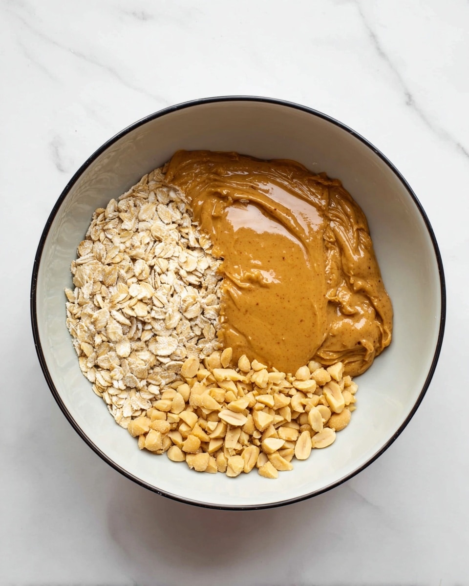 A white bowl with a thin black rim sits on a white marbled surface, holding four separate layers of ingredients arranged side by side without mixing. One layer has light beige rolled oats with a dry, rough texture. Next to it is a shiny, golden layer of honey with a smooth, liquid look. Adjacent to the honey is a creamy, light brown layer of peanut butter with a thick, smooth texture. The last layer is made up of chopped peanuts, off-white and tan in color, with a rough and chunky texture. The bowl is viewed from above, showing a clear separation of these four layers. photo taken with an iphone --ar 4:5 --v 7