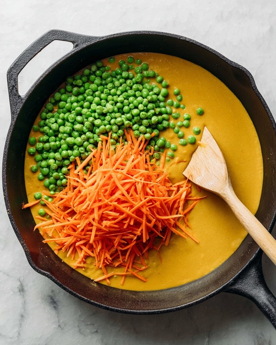 A black cast iron pan sits on a white marbled surface, filled with a smooth, thick yellow-orange sauce layer that covers the bottom and sides of the pan. On top of this base layer, there are two piles of fresh ingredients: one pile of bright green peas, slightly frosted, on the left side, and one pile of thin orange carrot strips, slightly raised, on the right side. A wooden spoon is placed inside the pan, resting diagonally from the top right edge towards the center, touching both ingredient piles. Photo taken with an iphone --ar 4:5 --v 7
