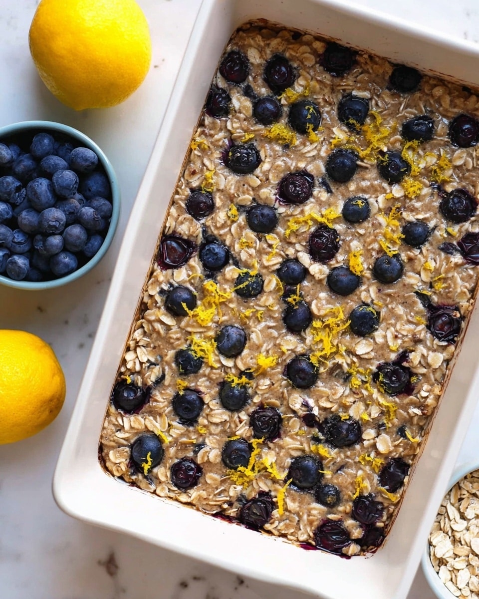 A square piece of dark oat blueberry cake with a rough texture sits in the middle of a small white plate. The cake is sprinkled with oatmeal flakes and tiny lemon zest pieces. On top, there is a dollop of white cream with more oatmeal flakes and some whole blueberries around it. The plate rests on a wooden board alongside a gold fork on the left. Scattered fresh blueberries and oatmeal flakes surround the plate on a white marbled surface. A blue container filled with blueberries is partially visible in the top left corner, and a white bowl with more oat blueberry cake is seen in the top right. There is also a small glass of oats in the bottom right corner. photo taken with an iphone --ar 4:5 --v 7
