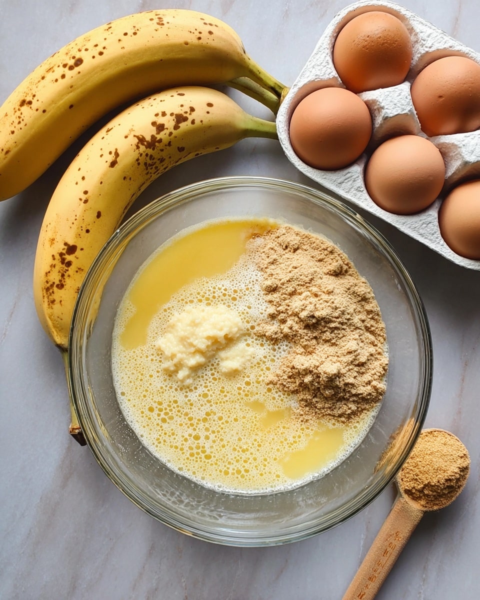 In the center of a clear glass bowl, there are three main layers of ingredients visible from above: a frothy yellow liquid layer occupying the bottom right, a small pile of light brown powder on the left side, and a small amount of mashed banana with a pale cream color at the top right. To the top right of the bowl, inside a white ceramic egg holder, are seven brown eggs, arranged neatly. On the left side of the bowl, two whole bananas with yellow peels and some brown spots lie side by side. A wooden-handled measuring scoop containing some of the brown powder rests on the white marbled surface just below the bowl. Photo taken with an iphone --ar 4:5 --v 7
