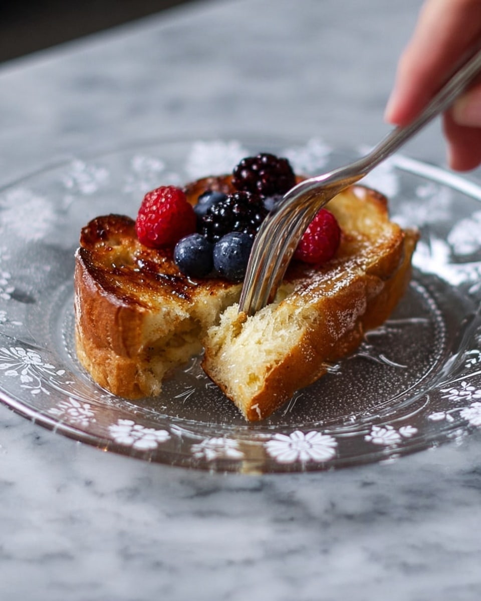 The image shows five thick slices of toasted bread arranged on a white tray with handles. Each toast has a golden-brown crust and is glazed with a shiny syrup that drips down the sides. On top of each slice, there are small clusters of fresh berries including red raspberries, black blackberries, and blue blueberries, adding a bright contrast to the warm tones of the toast. The tray sits on a dark speckled surface, highlighting the rich color of the toasts. photo taken with an iphone --ar 4:5 --v 7