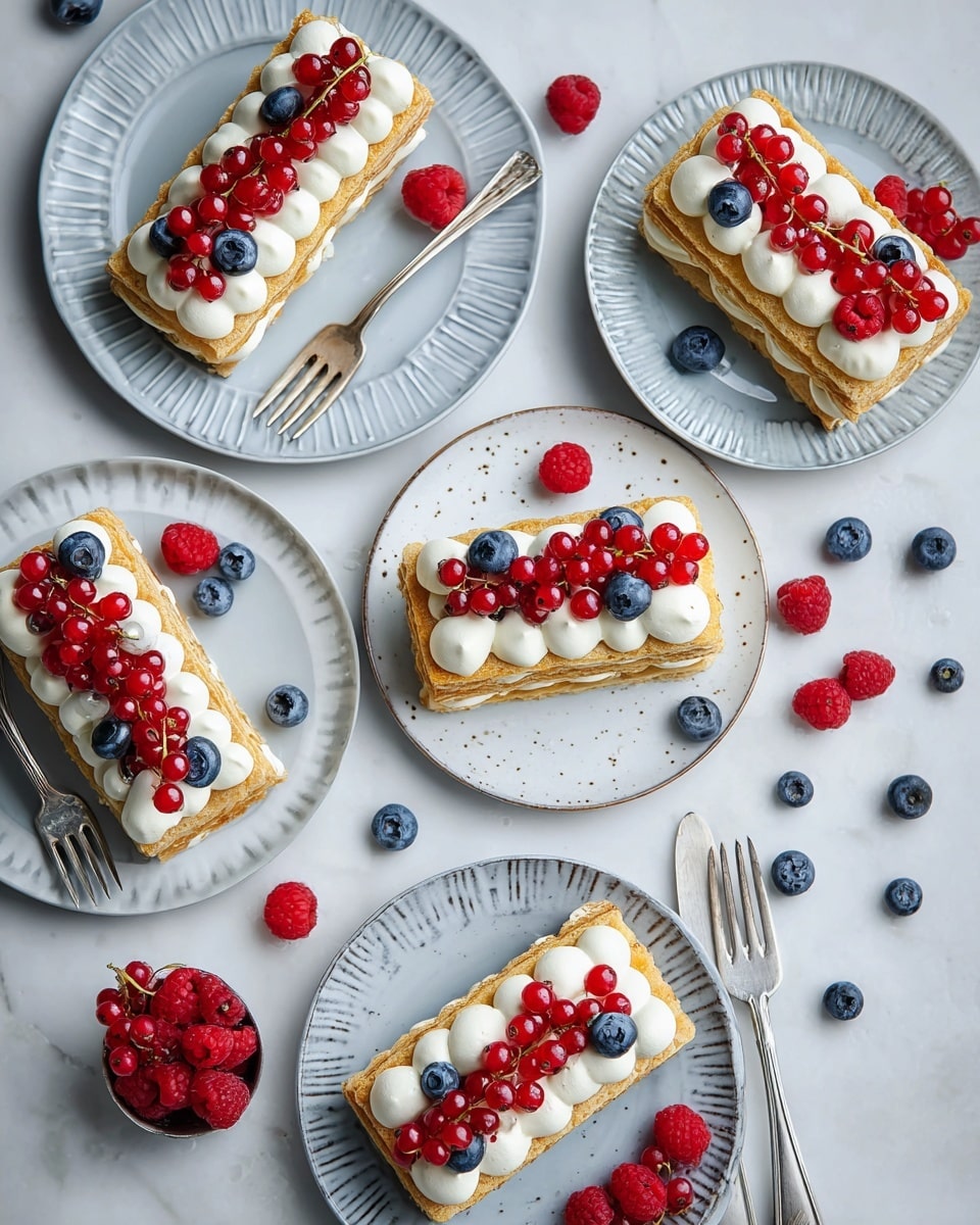Six rectangular layered pastries are shown on white plates with light blue or white patterns, arranged on a white marbled surface. Each pastry has three thin, golden brown flaky layers with scalloped edges. On top, there is a thick layer of white cream swirled in small rounded waves across the length of each pastry. The cream is decorated with small red raspberries, clusters of bright red currants, and deep blue blueberries placed neatly on top. Around the plates, scattered loose berries add a fresh touch. Small silver forks are placed beside or on some plates. Photo taken with an iphone --ar 4:5 --v 7