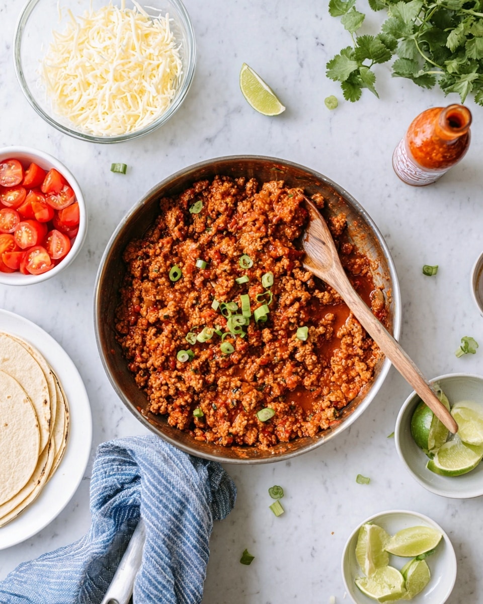The image shows four soft tortillas placed on a white marbled surface, each topped with a layer of cooked and seasoned ground meat that is reddish-brown in color. On top of the meat are halved cherry tomatoes, thin slices of light green avocado, and shredded yellow cheddar cheese scattered over. Small dollops of white sour cream are placed on top of each, and chopped fresh green herbs are sprinkled over the tacos and the surface. Lime wedges are placed around the tacos. The overall look is fresh and colorful with a mix of textures. Photo taken with an iphone --ar 4:5 --v 7
