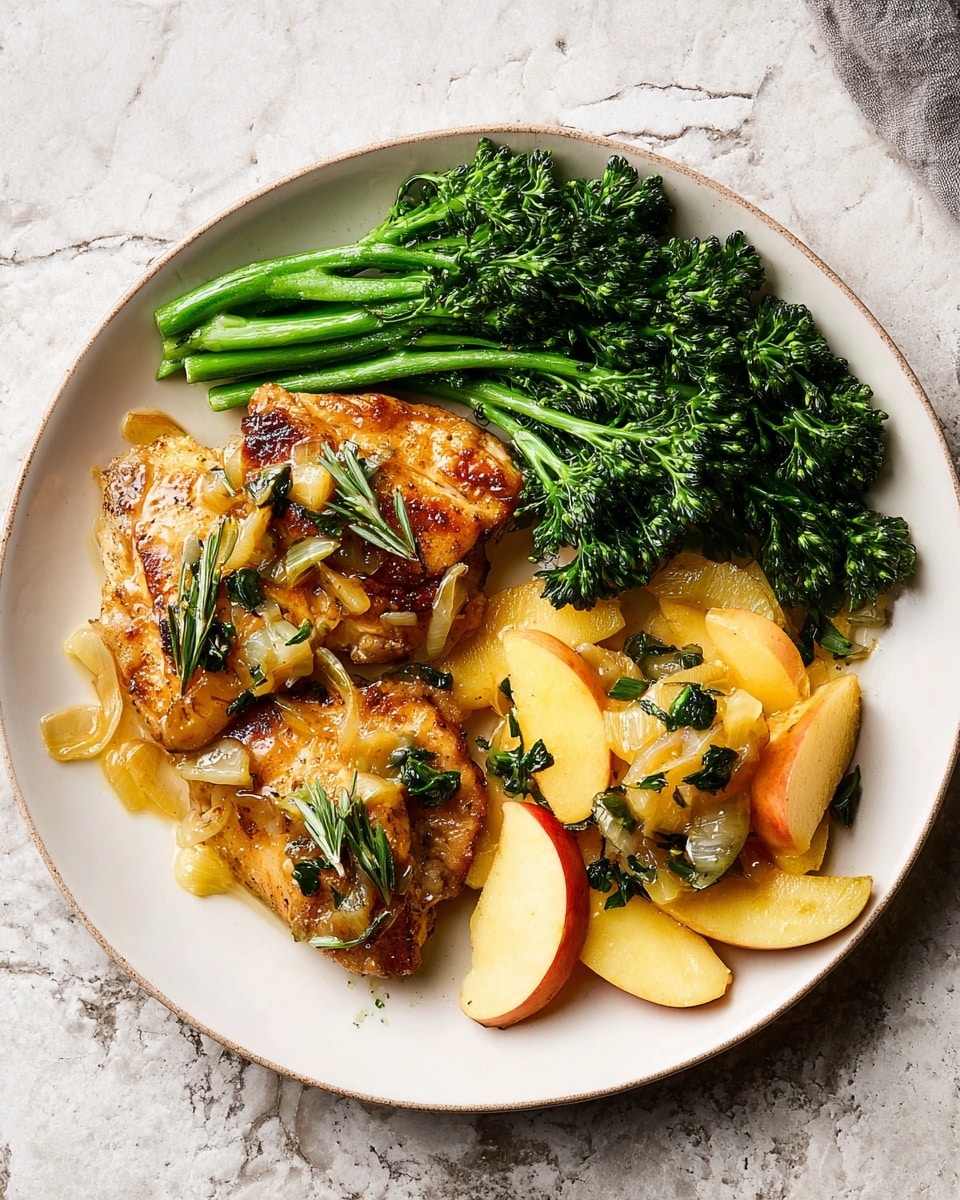 A white plate holds a meal with three main parts: two pieces of golden-brown cooked chicken with a slight glaze on top, garnished with small green leaves and bits of translucent cooked onions; next to the chicken is a pile of bright green steamed broccolini with a crisp texture; on the side, there are apple slices cooked to a soft yellow with hints of red from the skin, mixed with more cooked onions and green herb pieces. The foods are arranged so the broccolini is at the top right, the chicken pieces are centered, and the apple mixture is beside the chicken on the bottom right. The plate rests on a white marbled surface. photo taken with an iphone --ar 4:5 --v 7