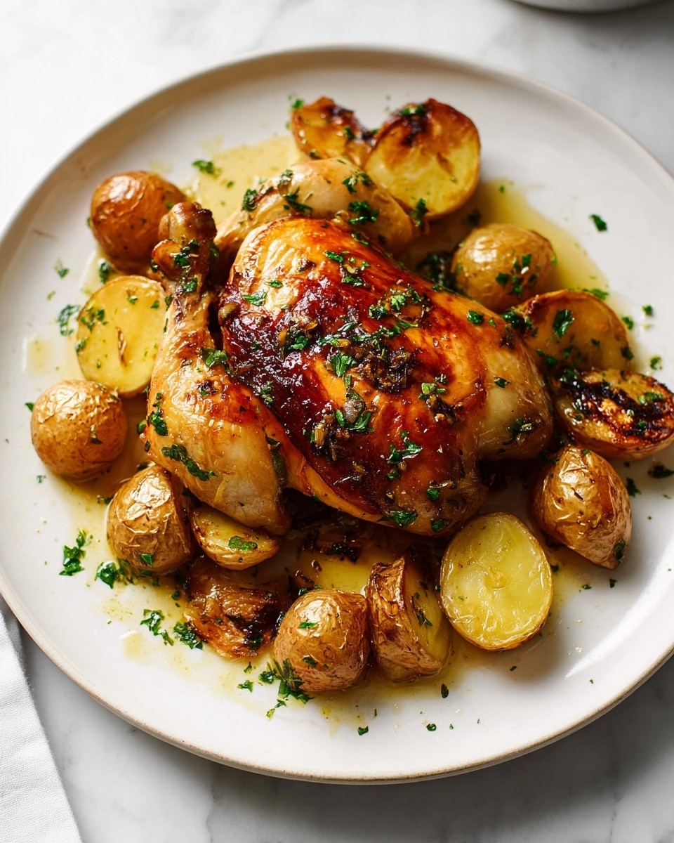 A white oval baking dish filled with six golden-brown cooked chicken thighs placed evenly throughout, surrounded by roasted small yellow potatoes, some whole and some cut in halves. The chicken has a crispy, slightly charred texture with a shiny glaze, and the potatoes show a roasted, browned skin. Fresh green chopped herbs are sprinkled over the dish and scattered on the white marbled surface around the dish. To the top left, a small white bowl contains more chopped herbs. A white cloth with thin black stripes lies folded under the bottom right edge of the dish. The photo taken with an iphone --ar 4:5 --v 7