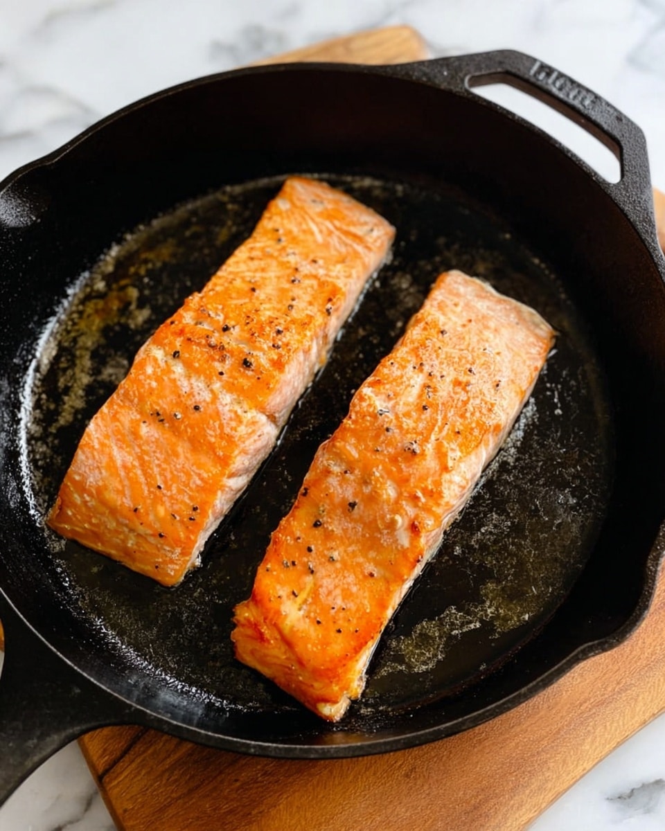 Two pieces of cooked salmon fillets lay side by side in a black cast iron pan. Each fillet has a light orange color with a slightly shiny texture and small black pepper seasoning on top. The pan rests on a wooden board, and the background shows a white marbled surface. Photo taken with an iphone --ar 4:5 --v 7