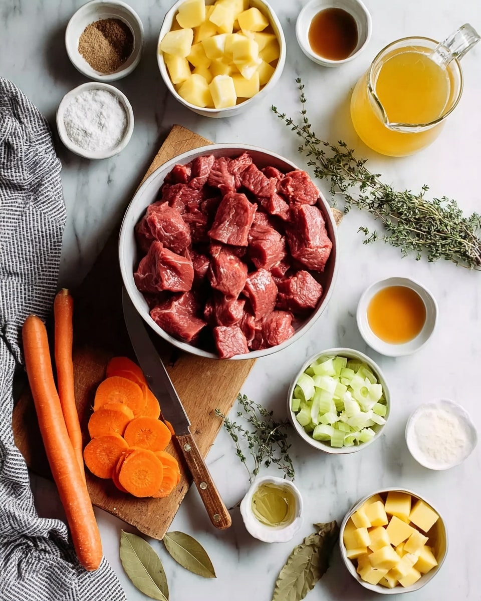 The image shows a white bowl full of raw red meat chunks placed on a wooden cutting board at the center. Below it, there is an orange carrot, sliced into thick rounds, laid diagonally on the board next to a small knife with a wooden handle. Surrounding the board on the white marbled surface are several small white bowls containing different ingredients: sliced carrots, cubed yellow potatoes, chopped light green celery, flour, a dark powdered spice, a brown liquid, a yellow liquid, and white onion pieces. There are a few sprigs of thyme and two bay leaves near the bowls, and a glass jug with a yellow liquid is visible on the top right. A gray striped cloth is partially underneath the jug. Photo taken with an iphone --ar 4:5 --v 7