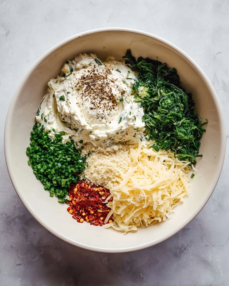 A white bowl with seven separate layers: a large dollop of white cream cheese mixed with ground black pepper on the upper left, finely chopped bright green spinach on the upper right, small chopped green chives on the middle left, minced pale yellow garlic on the bottom left, a small pile of coarse white salt and red chili flakes in the center, and shredded pale yellow cheese covering the bottom center area. The bowl sits on a white marbled surface. Photo taken with an iphone --ar 4:5 --v 7