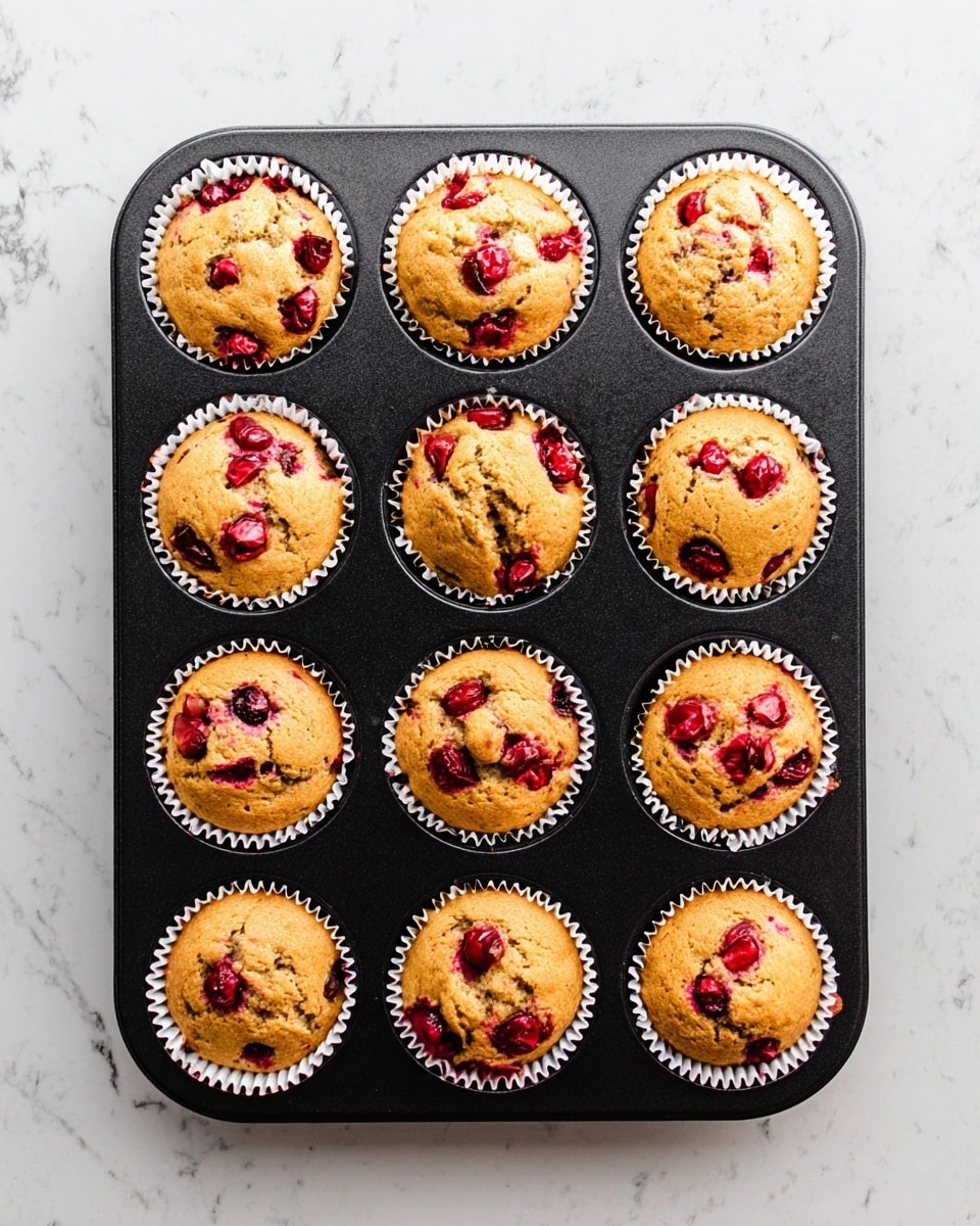 A black muffin tray holds twelve golden-brown muffins, each lined with a white paper cup. The muffins have a slightly cracked top, revealing bright red cherries or berries baked inside, some peeking out from the surface. The tray is placed on a white marbled surface that contrasts with the dark tray and vibrant muffins. The colors include light brown from the baked batter and deep red from the fruits scattered unevenly on each muffin. photo taken with an iphone --ar 4:5 --v 7
