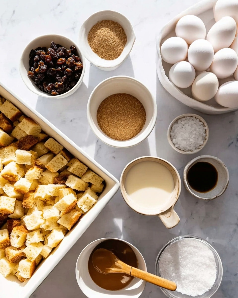 The image shows ingredients laid out on a white marbled surface, including a white bowl filled with white eggs in the top right corner. Next to it on the left is a white baking pan filled with small, light yellow bread cubes. Surrounding these are small white bowls: one holds dark brown raisins, another has a light brown sugar with a wooden spoon inside, a third bowl contains a creamy white liquid, and a fourth bowl holds a dark brown liquid. There is also a small white bowl filled with coarse white salt. The overall scene is bright with natural light, and the ingredients are neatly arranged. Photo taken with an iphone --ar 4:5 --v 7