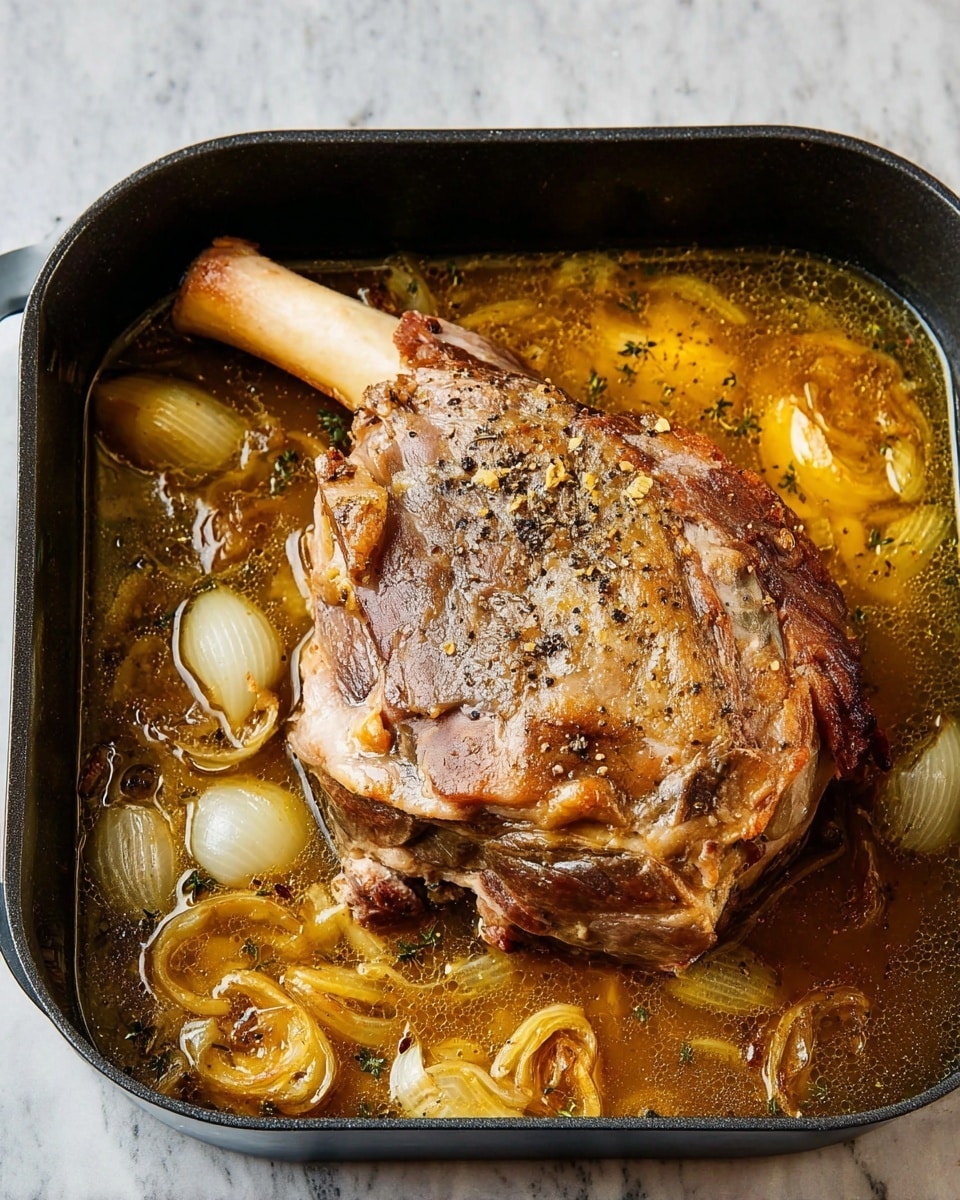 The image shows a large piece of cooked meat with a bone sticking out, placed in a black roasting pan filled with golden brown broth and chunks of cooked onions. The meat has a browned, slightly crispy outer layer with some black pepper sprinkled on top. The broth is clear but rich, covering the meat's base and spreading through the pan with visible onion pieces and small herbs. The whole pan is on a white marbled surface. photo taken with an iphone --ar 4:5 --v 7
