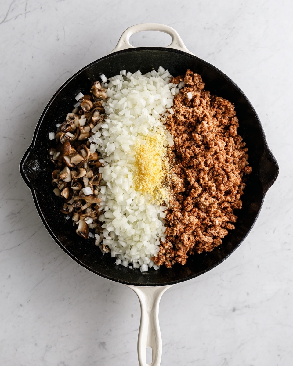 A black cast iron pan with a white handle is placed on a white marbled surface, containing four distinct layers of ingredients. On the right side, there is a browned, crumbly cooked ground meat layer with a slightly rough texture. In the center, there is a layer of finely chopped white onions, creating a soft white contrast. To the left of the onions, there is a layer of small diced brown mushrooms with a textured, slightly shiny surface. At the bottom center, there is a small dollop of finely minced yellow garlic. The ingredients are arranged side by side without mixing. photo taken with an iphone --ar 4:5 --v 7