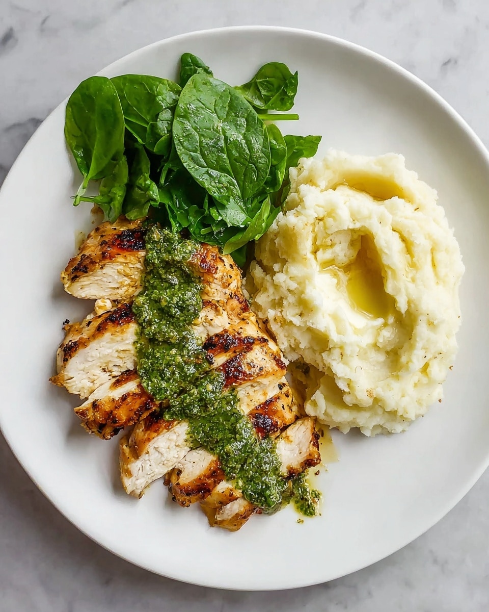 A white plate holds three main parts: on the right, a creamy light beige mashed potato scoop with a smooth but slightly textured surface; in the center, several slices of grilled chicken with a golden-brown seared top, topped with a green sauce spread unevenly over the middle; on the left, a small pile of fresh dark green spinach leaves with smooth, shiny surfaces. The plate sits on a white marbled background. Photo taken with an iphone --ar 4:5 --v 7