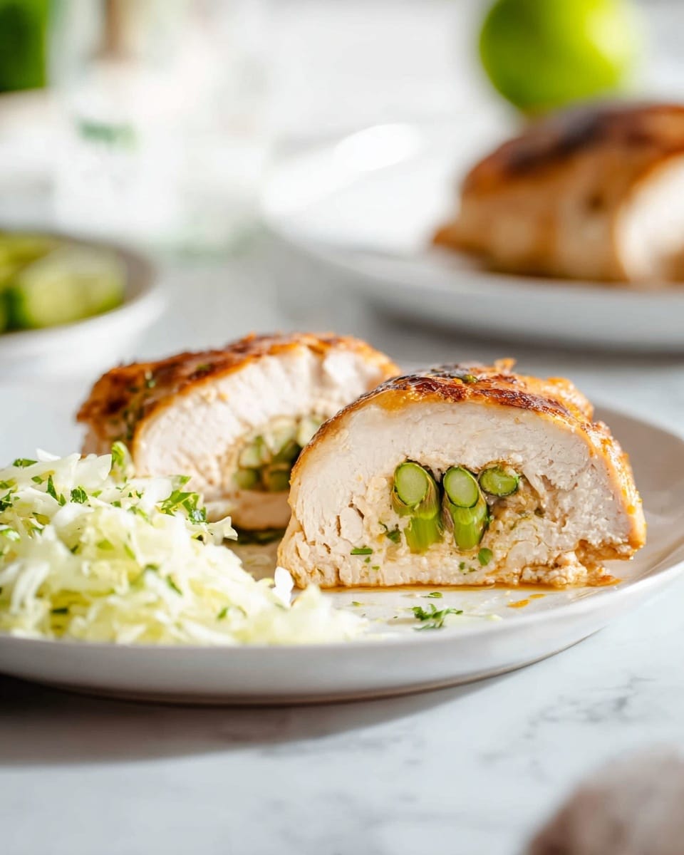 A close-up shows a white plate holding a sliced stuffed chicken breast with a slightly browned, grilled outer layer. The chicken is cut in half to reveal a middle layer of three green asparagus stalks, surrounded by a light filling just inside the chicken meat. To the left of the chicken on the plate is a small serving of finely shredded cabbage with green herb flecks. The plate sits on a white marbled surface, and in the blurred background, there is a green lime and another white plate with more chicken. The lighting is bright and natural, emphasizing the textures and colors of the dish. photo taken with an iphone --ar 4:5 --v 7