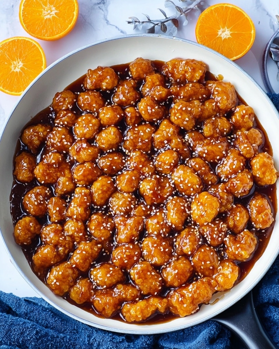 A white pan filled with many small golden brown fried pieces, each dipped in a thick shiny dark orange sauce layered over them, sprinkled lightly with small white sesame seeds. The pan handle is black, and there are two bright orange halves placed on a white marbled surface nearby, with a dark blue cloth also under it. The sauce looks sticky and glossy, covering the pieces evenly photo taken with an iphone --ar 4:5 --v 7