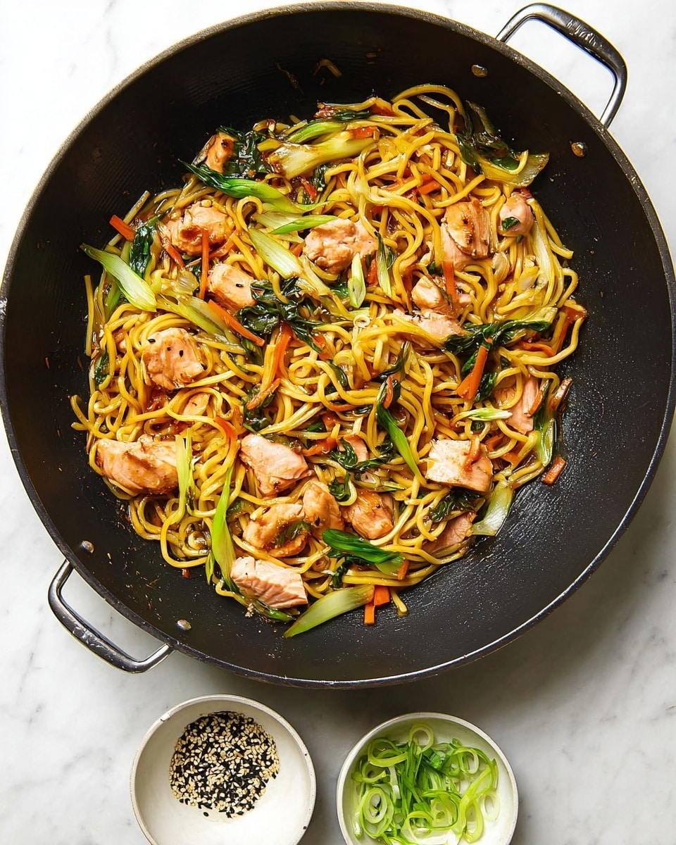 A large black wok holds a stir-fry of yellow noodles mixed with small pieces of cooked salmon that are light pink with some brown seared edges. There are thin green stalks of bok choy and snaps of orange carrot strips scattered evenly throughout the noodles. Around the wok, two small white bowls sit on a white marbled surface, one bowl filled with thinly sliced green onions and the other with a mix of black and white sesame seeds. The overall dish shows a mix of warm colors with fresh green vegetable highlights, photo taken with an iphone --ar 4:5 --v 7