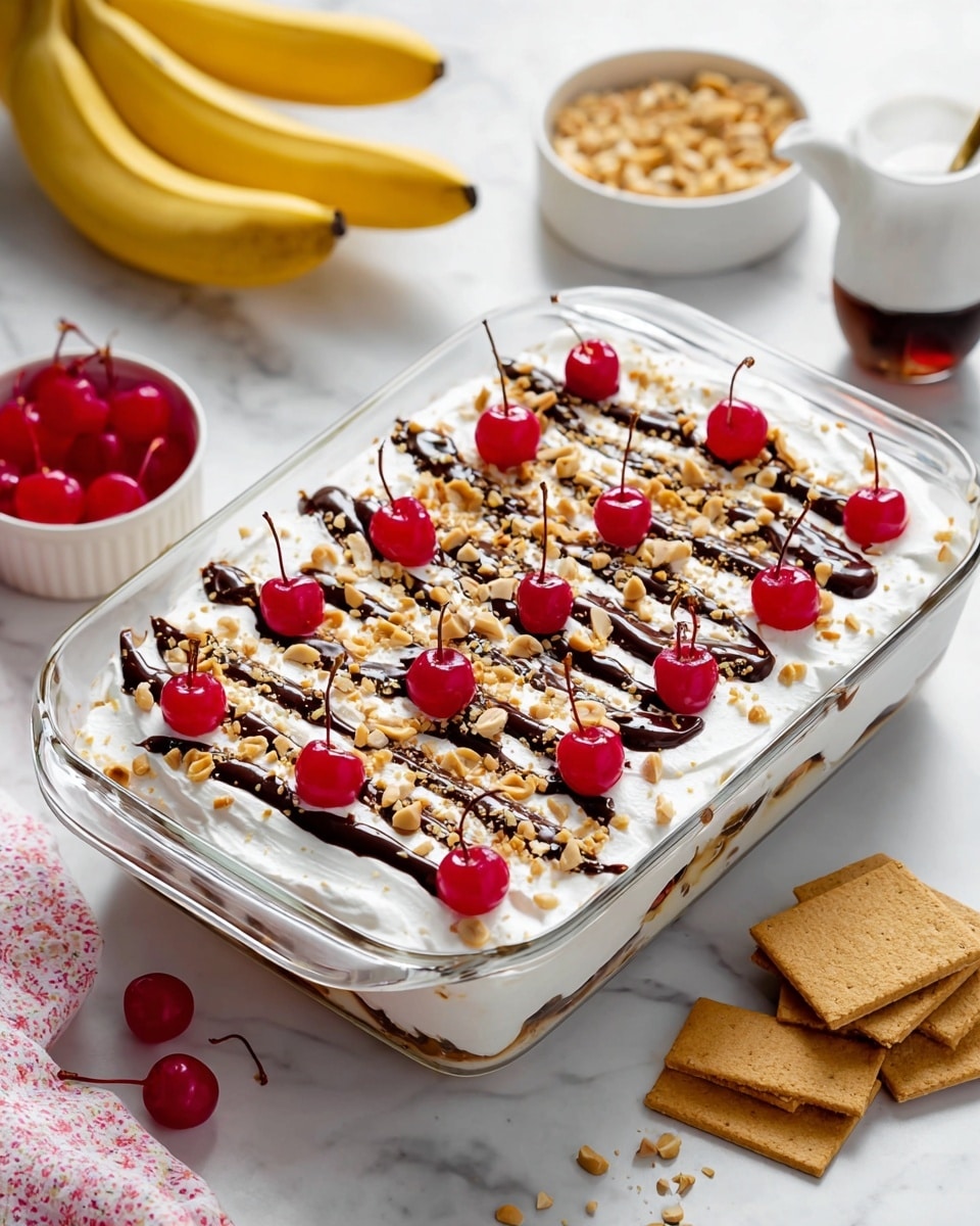 A clear rectangular glass dish holds a layered dessert with a thick white cream layer on top, decorated with evenly spaced bright red cherries with stems standing up, drizzles of dark chocolate sauce in horizontal lines, and sprinkled chopped light brown nuts scattered across the surface. The dish sits on a white marbled texture surface. In the background, there are two whole yellow bananas, a white bowl filled with chopped nuts, a small white pitcher with dark syrup, a stack of square graham crackers, and a small glass bowl with more red cherries. Photo taken with an iphone --ar 4:5 --v 7
