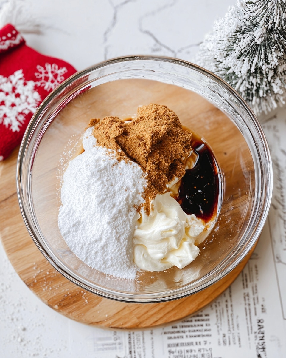 The image shows a clear glass mixing bowl placed on a light wooden board on a white marbled surface with printed paper underneath. Inside the bowl, there are four visible layers of ingredients: a dollop of creamy white cream cheese at the bottom right, a mound of white powdered sugar in the front, a large spoonful of brown sugar on top left, and a small pool of dark brown vanilla extract near the back. The scene also includes part of a small white snowy decorative tree on the upper right and a red oven mitt with a gingerbread design partially visible on the left edge. The photo taken with an iphone --ar 4:5 --v 7