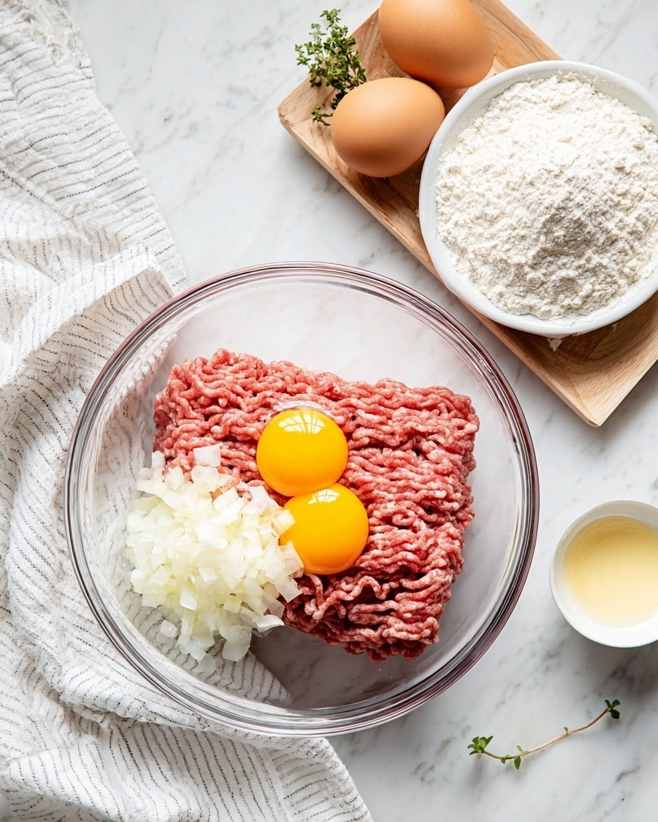 A clear glass bowl sits on a white marbled surface, filled with a block of raw ground meat that is pinkish-red and textured with strands, two raw egg yolks with bright yellow color resting on top, and a pile of finely chopped white onions next to the meat. Nearby, two brown eggs rest on a light wood tray with a small green herb. Two small white bowls are beside the tray, one containing a pale yellow sauce with a smooth texture, and the other filled with white flour. A white and grey striped cloth is draped casually on the left side of the scene. photo taken with an iphone --ar 4:5 --v 7